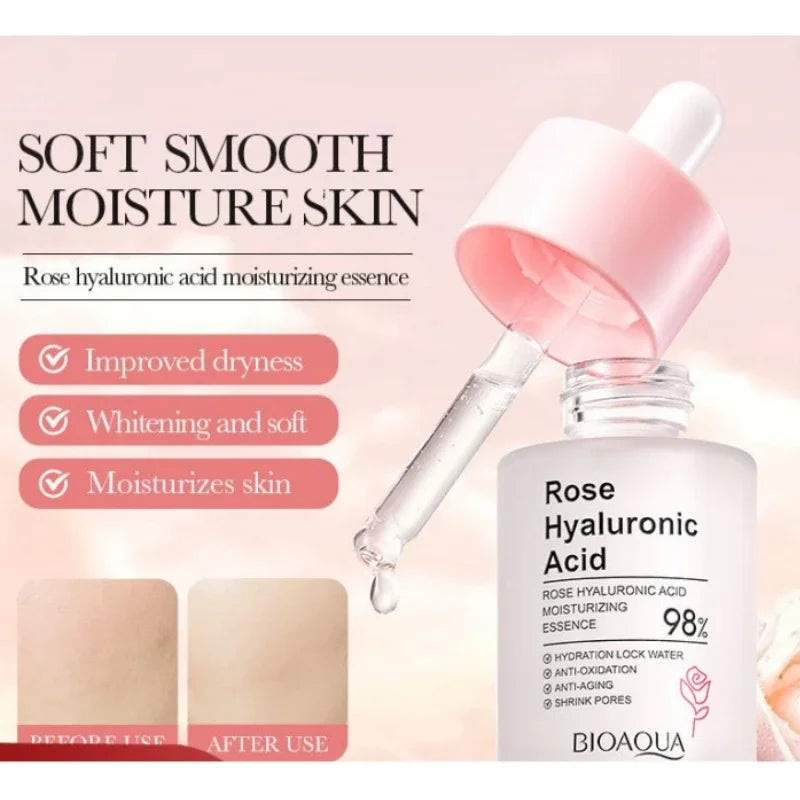 BIOAOUA Rose Nourishing Essence Hyaluronic Acid Moisturizing Face Serum Hydrating Brighten Shrink Pores Facial Skincare