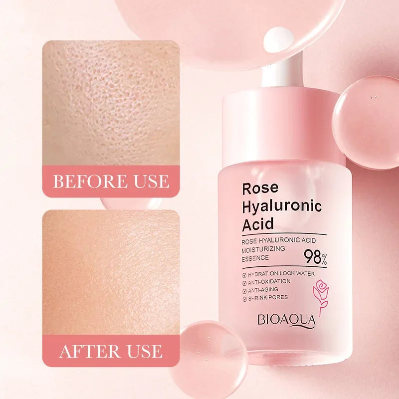 BIOAOUA Rose Nourishing Essence Hyaluronic Acid Moisturizing Face Serum Hydrating Brighten Shrink Pores Facial Skincare